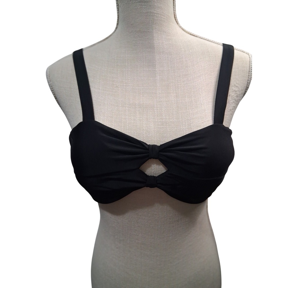 Shekini Black Bikini Top Front Cutout Ruched Adjustable Straps Swimwear Large